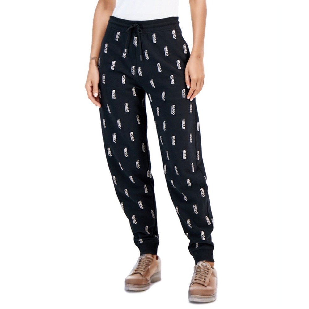 HUGO Joggers Womens XL Black All Over Print Elastic Waist Tapered Sweatpants NWT